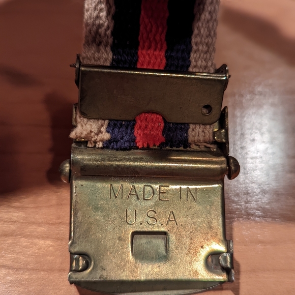 Fabric retro belt in red, blue and tan with metal buckle. Made in the USA. - Picture 3 of 3